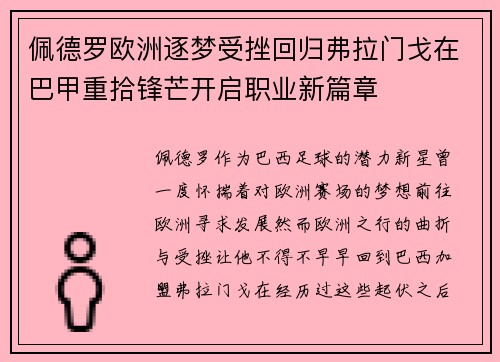 佩德罗欧洲逐梦受挫回归弗拉门戈在巴甲重拾锋芒开启职业新篇章 佩德罗欧洲逐梦受挫回归弗拉门戈在巴甲重拾锋芒开启职业新篇章